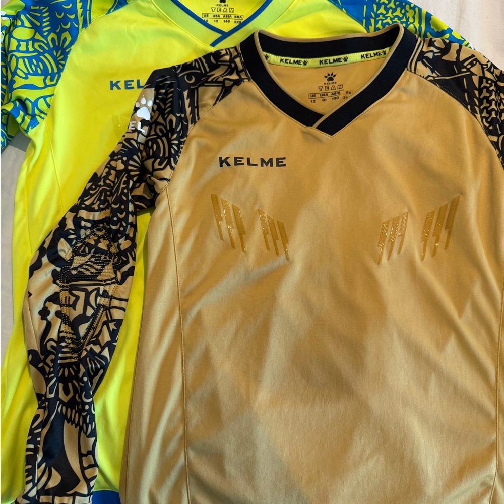 Kelme Gold and Yellow Long Sleeve Jerseys for Soccer Goalie. Boys 10/12